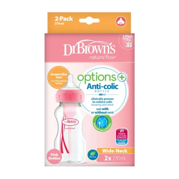 Dr. Brown's Options+ Anti-colic Brede Halsfles Duopack Roze 270 ml